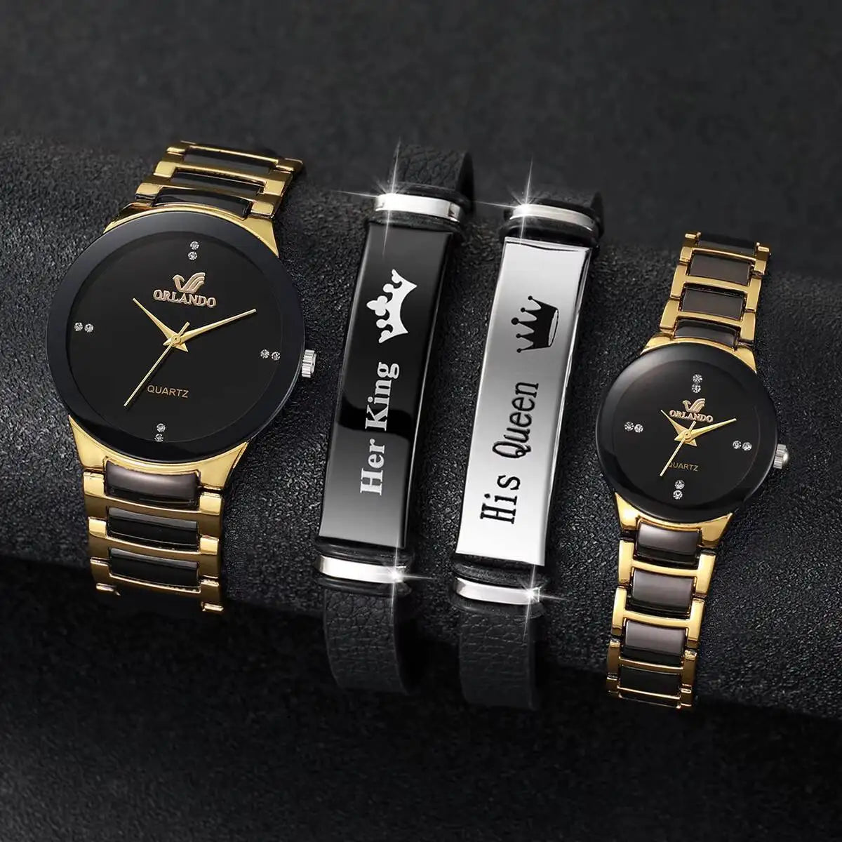 4PCS Tri color quartz watch fashion casual set rhinestone steel strip watch couple watch set Qme 4PCS Set