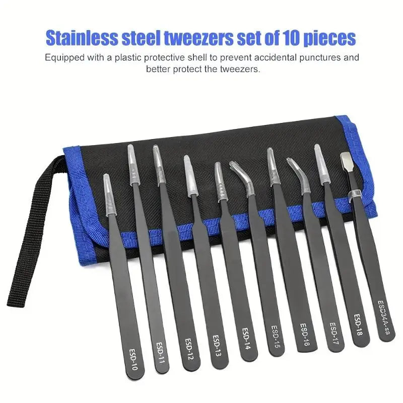 Anti-Static Stainless Steel Precision Tweezers Set: Industrial-Grade for Electronics Repair, Model Making & Delicate Home Tasks Qme