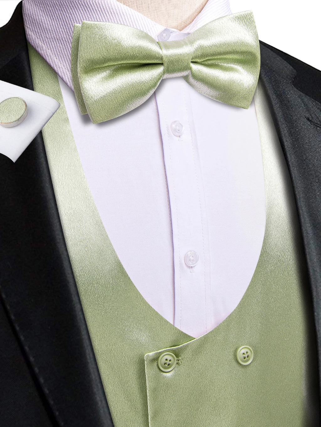 Men's Satin U Collar Vest Tie Hanky Cufflinks Bowtie Formal Waistcoat Qme