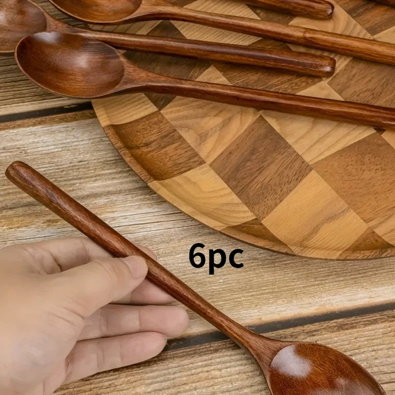 6pcs Multifunctional Handle Wooden Spoon Set, Soup Ladle, Dessert Spoon, Coffee Spoon, Stirring Spoon, Qme