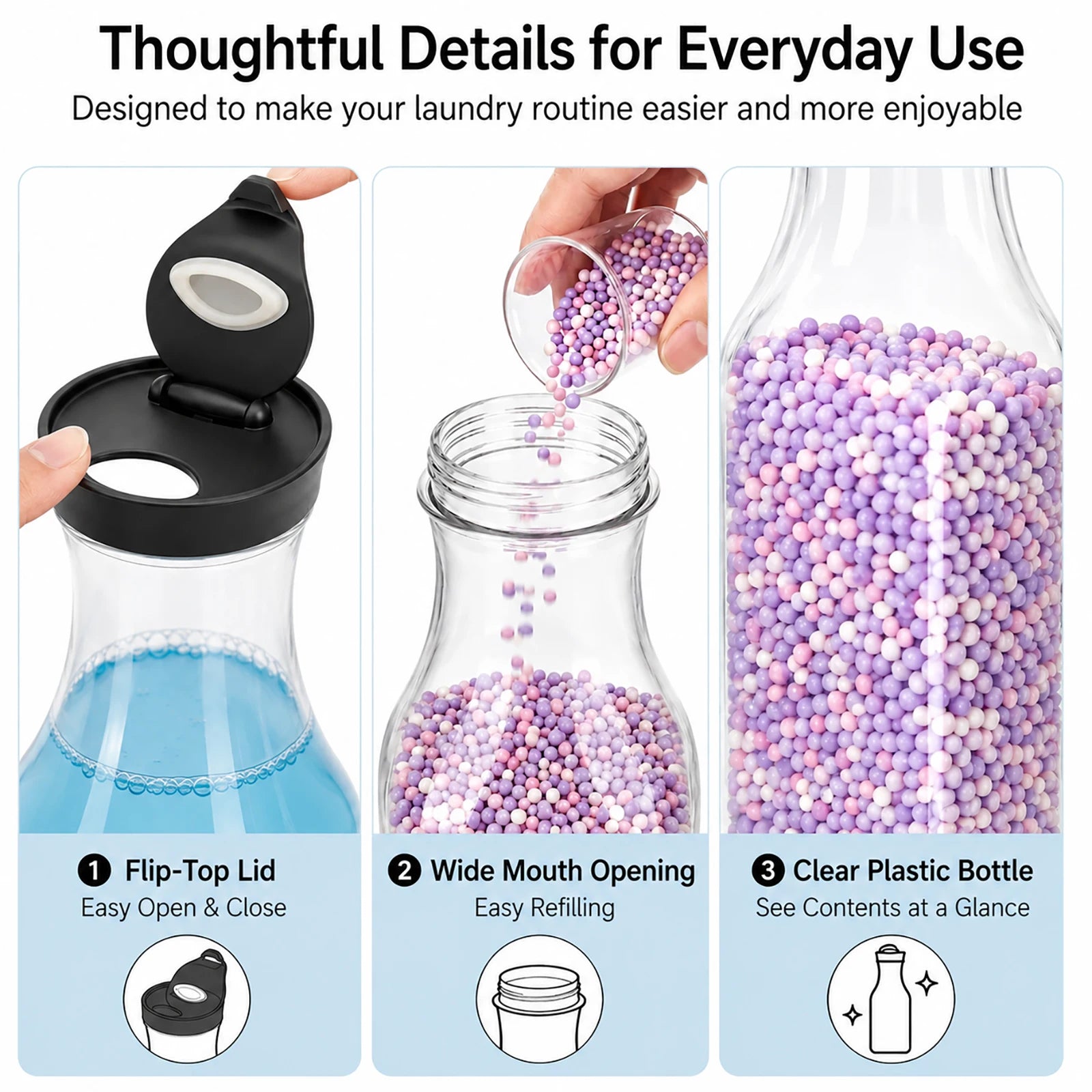 3Pack Clear Laundry Room Containers Laundry Soap Dispenser Bottle Set for Liquid Detergent Scent Boosters Softener Qme