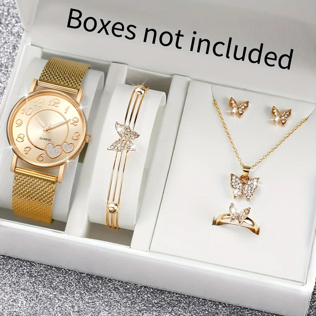 3/5Pcs Butterfly Watch Jewelry Set Women Rose Gold Mesh Quartz Wristwatch Crystal Butterfly Necklace Earrings Bangle Ring Gift Qme
