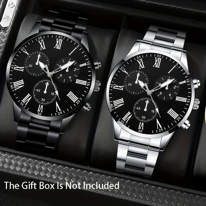 2 Pieces Fashion Men's Watch Quartz Simple Roma Dial Men's Business Watches Men's Watch (Without Box) Qme
