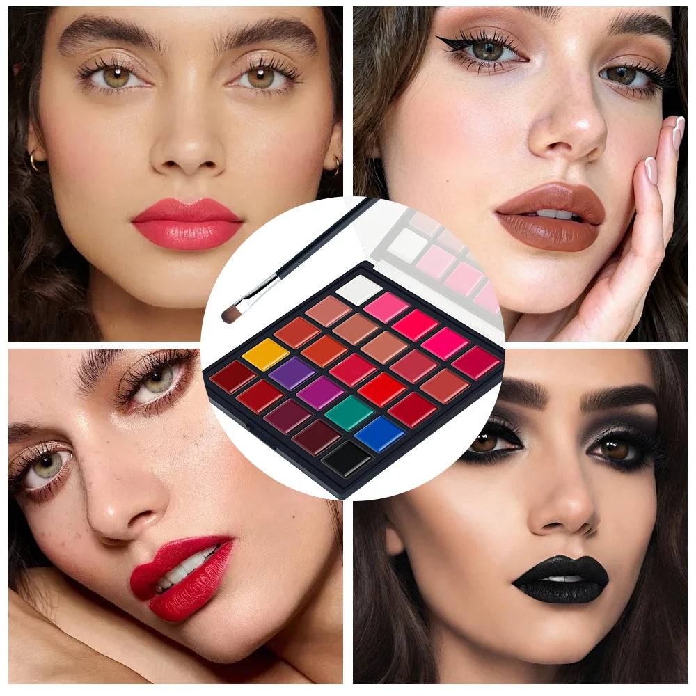 25 Colors Matte Lipstick Palette Lip Brush Long Lasting Waterproof Qme