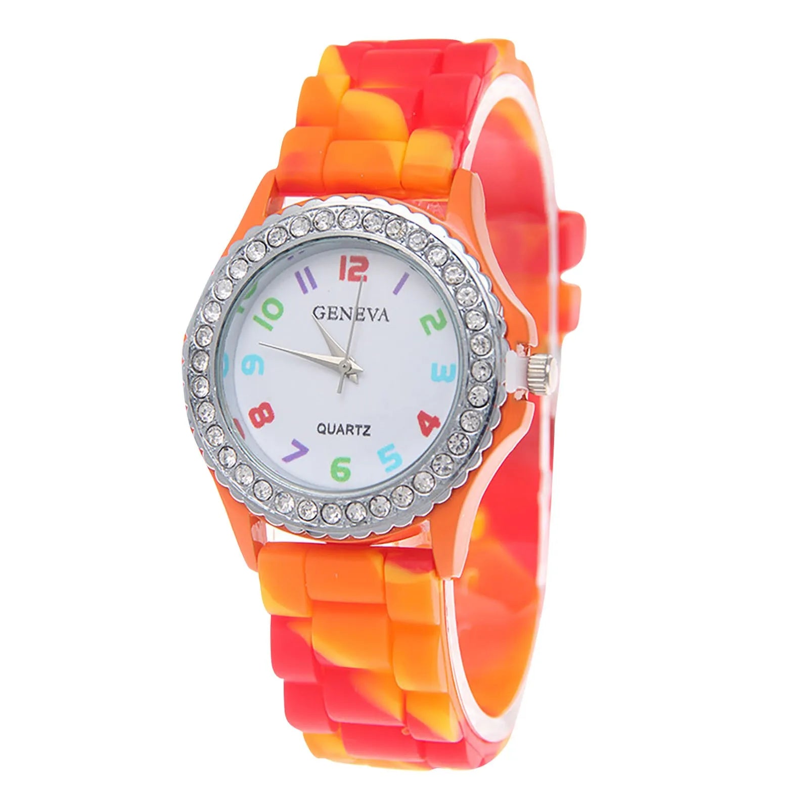 Girls’ Silicone Camouflage Watch Crystal Bling Quartz Wrist Watch Fashion And Cool Casual PU Strap Round Dial With Diamond Watch Qme F