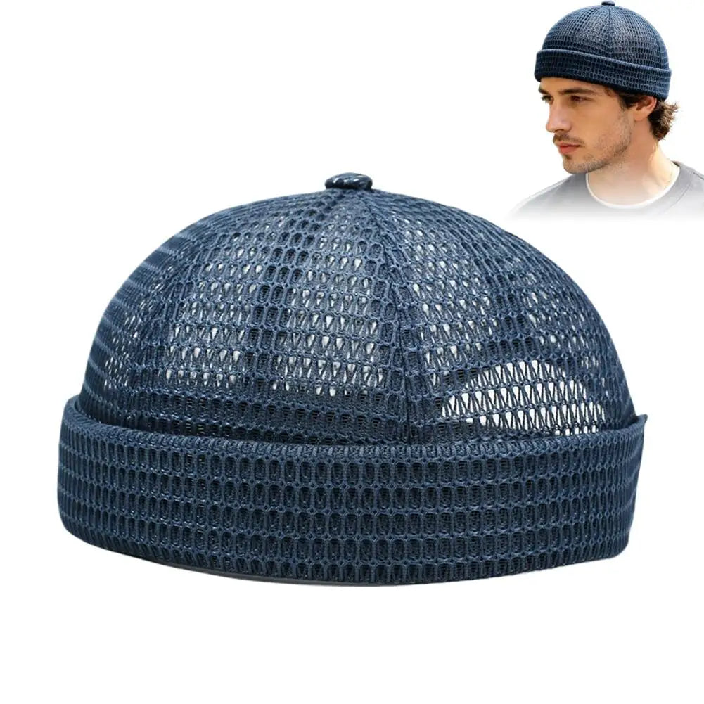 Mens Mesh Brimless Cap Outdoor Sport Summer Docker Beanie Hat Flip Qme Blue