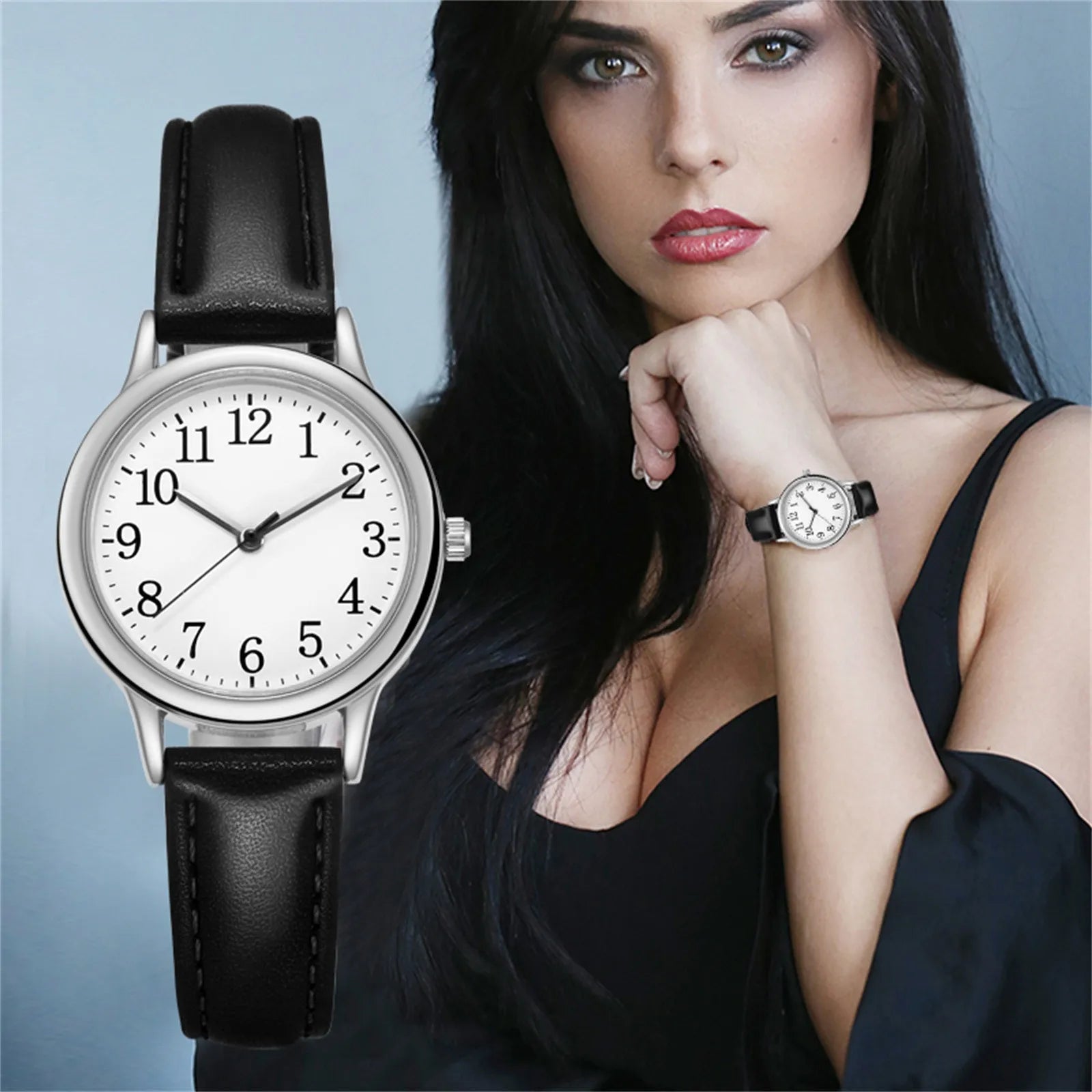 Leather Strap Movement Women Quartz Fine Watch Easy To Read Arabic Numerals Simple-Dial Fashion Minimalism Daily Versatile Watch Qme Black