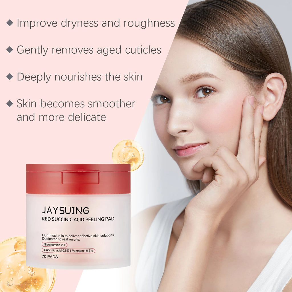 70pcs Red Succinic Acid Peeling Pads Gentle Exfoliation Soothing Moisturizing Delicate Smooth Skin Panthenol Facial Peeling Pads Qme