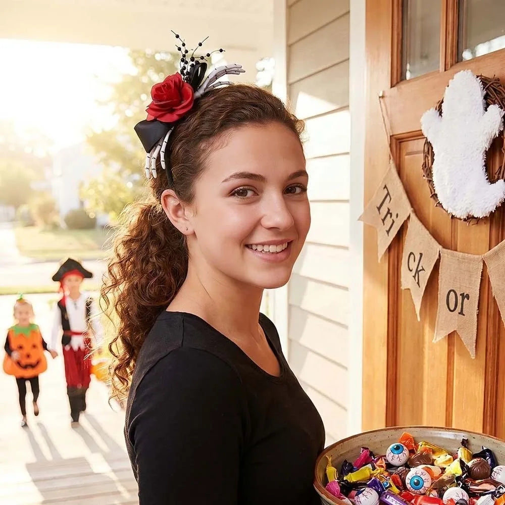 Red Rose Skeleton Hand Headband Black Bowknot Skeleton Bones Rose Flower Hairband Comfortable Fit Durable Plastic Qme