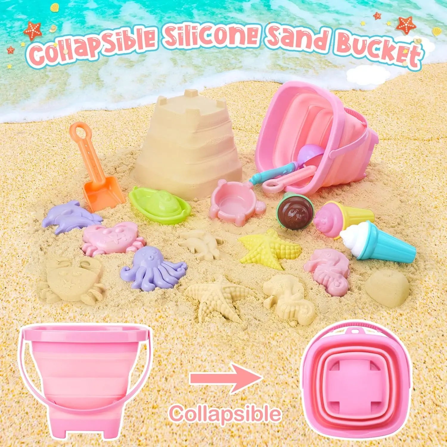 Beach Sand Toys for Kids Beach Toys Set with Ice Cream Cake Sand Molds Mesh Beach Bag Shovel Rake for Toddler Sandbox Outdoor Qme