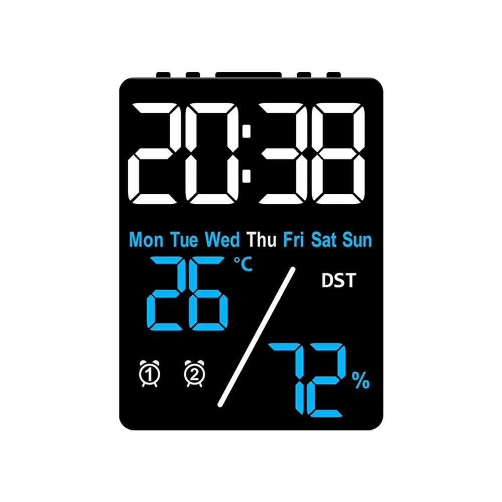 Digital Alarm Clock TEMP Humidity Date Week Disply 2 Alarm Snooze Electronic Table Clock 3-level Brightness 12/24H DST LED Clock Qme BBL