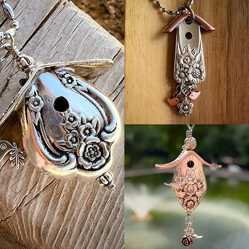 Silver-Plated Hollow Knife Birdhouse Pendant, Vintage Handmade Collectors Jewelry for Bird Enthusiasts Qme