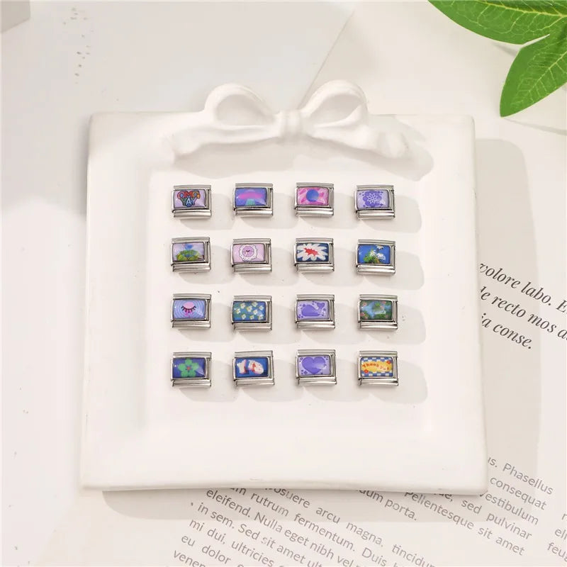 Y2K Wholesale Purple Cartoon Rabbit Planet Cat Italian Charm Link Fit 9mm Stainless Steel Jewelry DIY Making Women Bracelets Qme