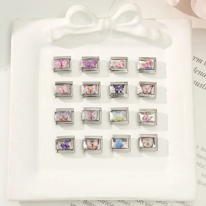 New Y2K Attractive Purple Butterfly Colorful Flower Italian Charm Link fit 9mm Stainless Steel Jewelry DIY Making Bracelets Gift Qme