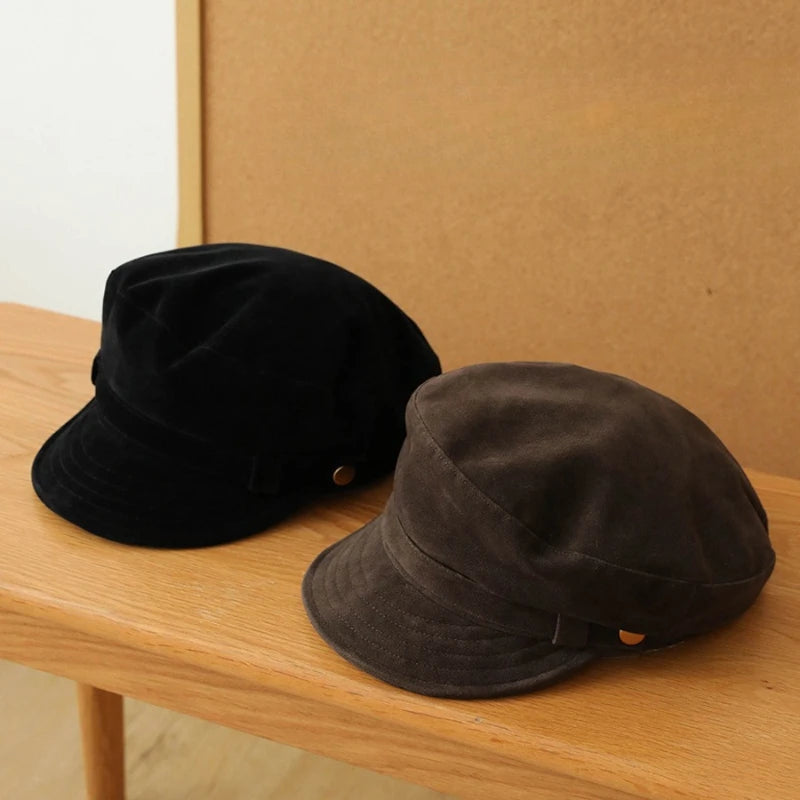Vintage Navy Autumn Winter Hat High-end Suede Flat Newsboy Cap Qme