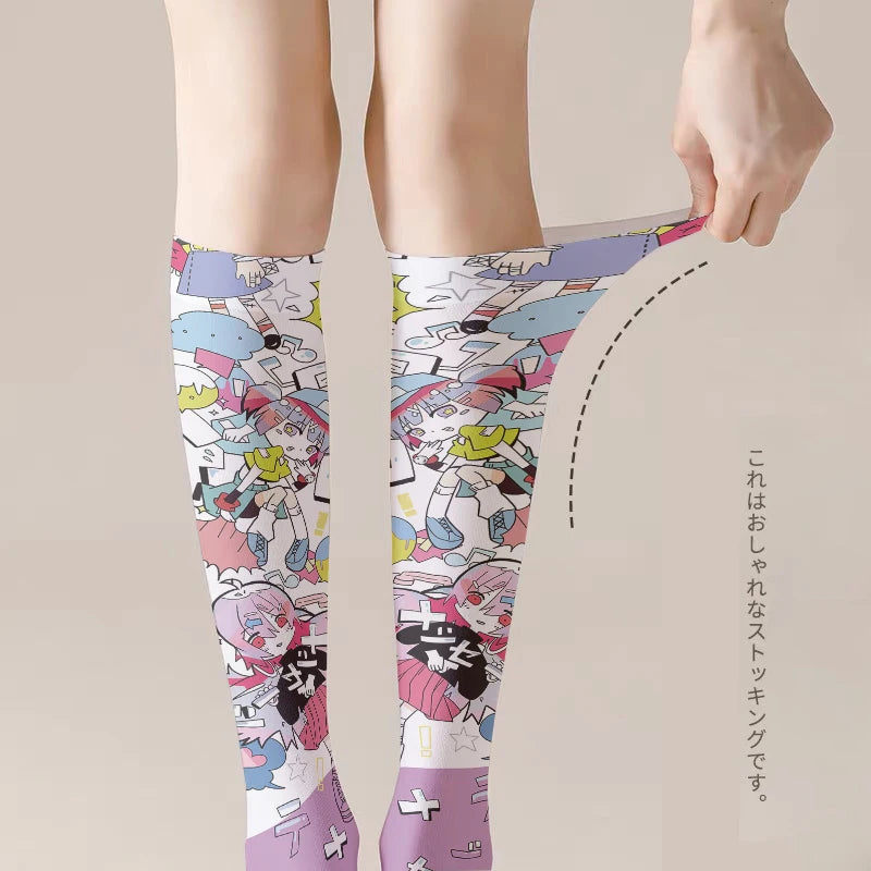1 Pair Women Mid-tube Stockings Cartoon Anime Personality Printed Qme