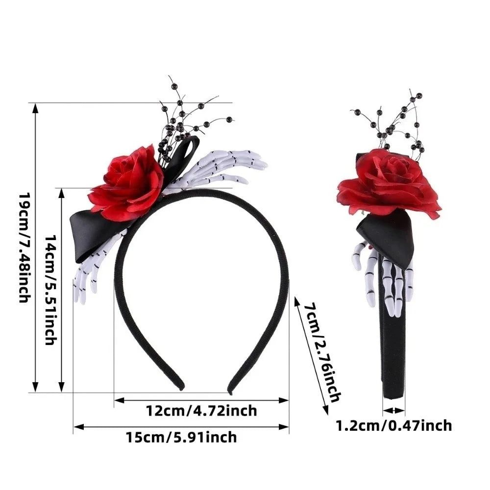 Red Rose Skeleton Hand Headband Black Bowknot Skeleton Bones Rose Flower Hairband Comfortable Fit Durable Plastic Qme