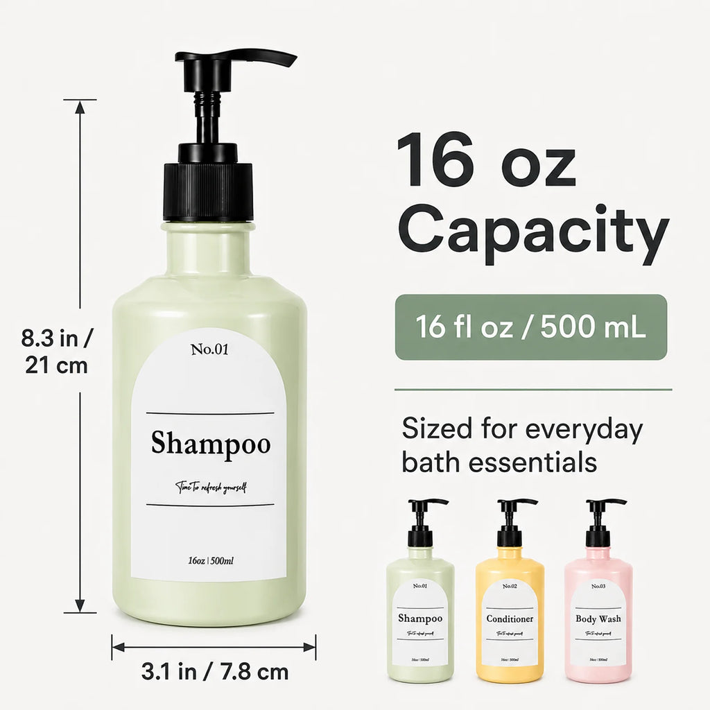 Refillable Shampoo Dispenser Bottle, 16oz 500ml Plastic Pump Bottle with Label for Conditioner, Body Wash, Liquid Soap, Bathroom Qme