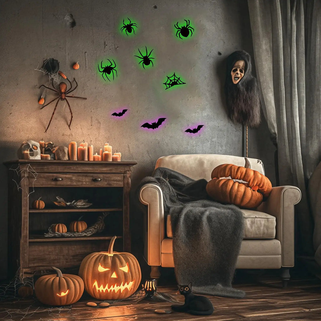 LED Bat Wall Sticker Lighted Bat Spider Decals Realistic 3D LED Wall Sticker for Dorm Bathroom Bedroom Classroom Party Halloween Qme