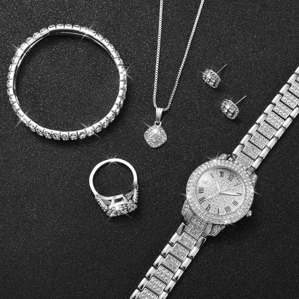 Full diamond silver shell Roman dial women's steel strap watch square rhinestone jewelry five piece set, not including gift box Qme