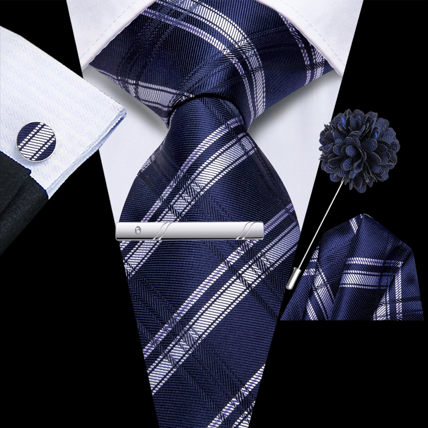 Hi-tie Men Fashion Necktie Burgundy Handkerchief Cufflinks Tuxedo Qme HT-N-0139XH-045D-02