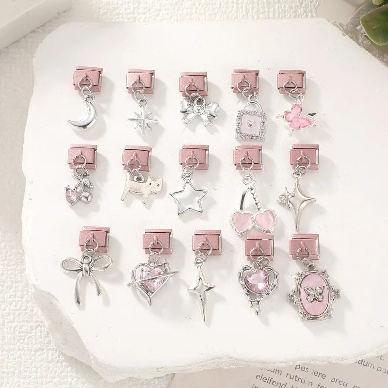 2026 Sweet Cute Cat Heart Zircon Butterfly Moon Star Pendant Italian Charm Links Fit 9MM Stainless Steel Bracelet DIYMaking Gift Qme