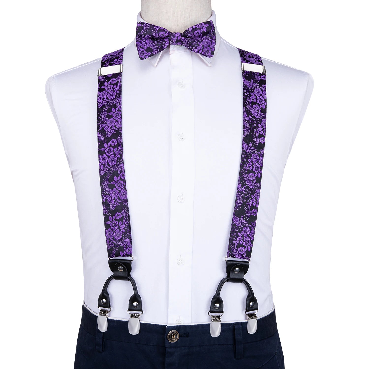 Silk Woven Mens Suspenders Bow Tie Hanky Cufflinks Strength 6 Clips