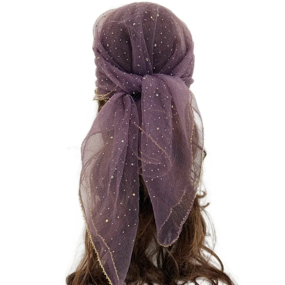 Sparkle Hotfix Rhinestone Square Scarf Sequin Thin Mesh Bandana Qme Purple