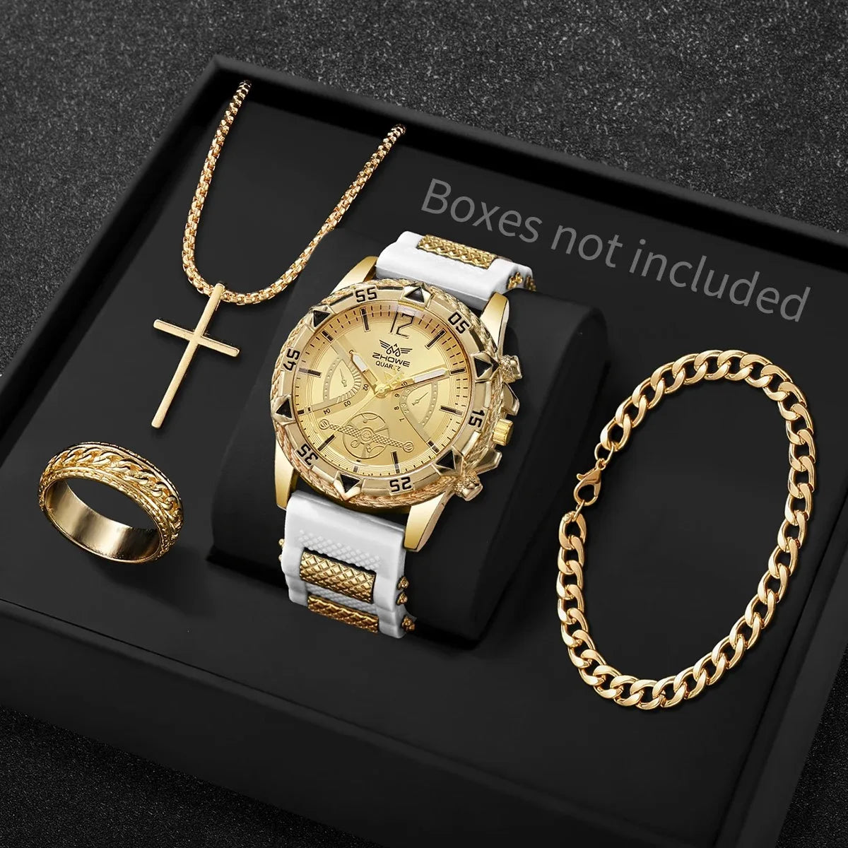 4Pcs Men Accessories Set Fashion Big Dial Quartz Watch Cross Necklace Bracelet Ring Hip Hop Men Daily Wear Gift Qme