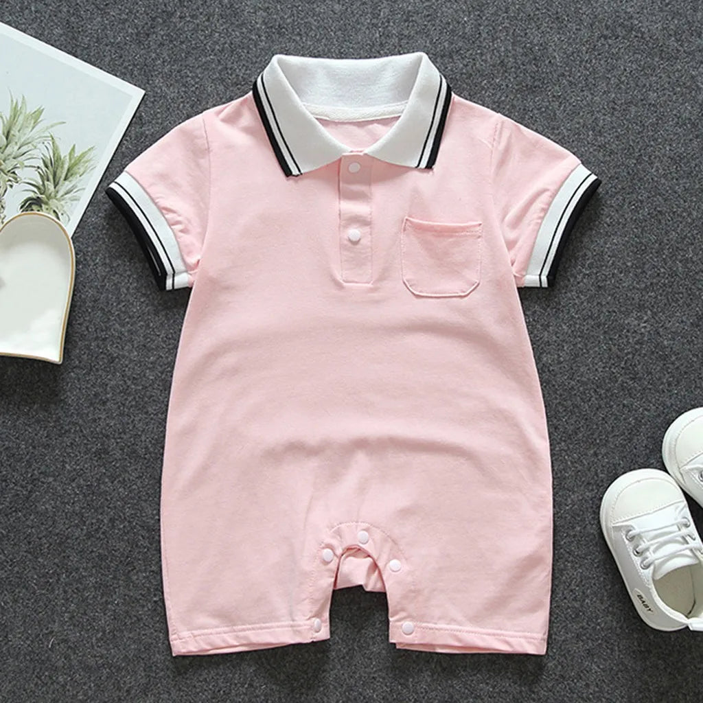 Baby Boys And Girls Summer Lightweight Solid Color Short Sleeve Turn-Down Collar Pocket Romper Convenient Casual Basic Playsuits Qme Pink 73