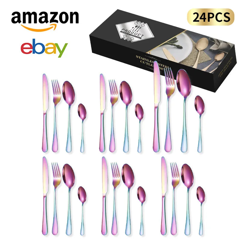 24-Piece Stainless Steel Tableware Set,Western Cutlery Steak Knife Fork Spoon, Gift Box Set for Home Restaurant Wedding Gift Qme A-24Pcs RainBow