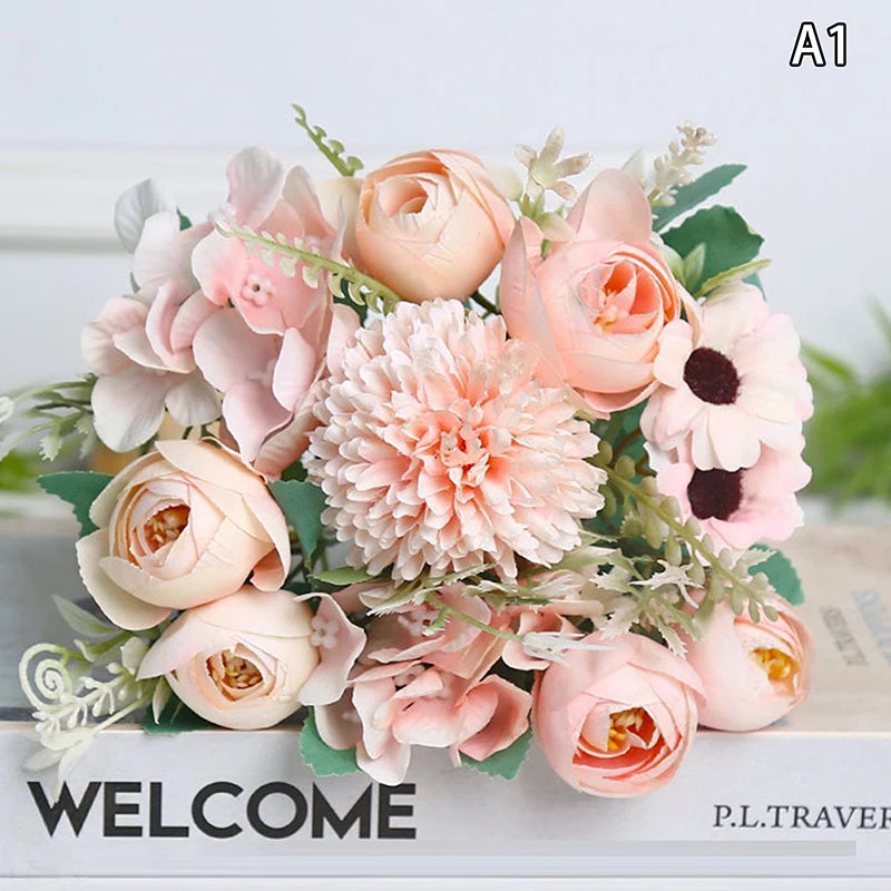Artificial 1PC Flowers Wedding Home Bedroom Decoration Bridal Bouquet Garden Fake Silk Roses Hydrangeas Vase For Board Outdoors Qme style 7