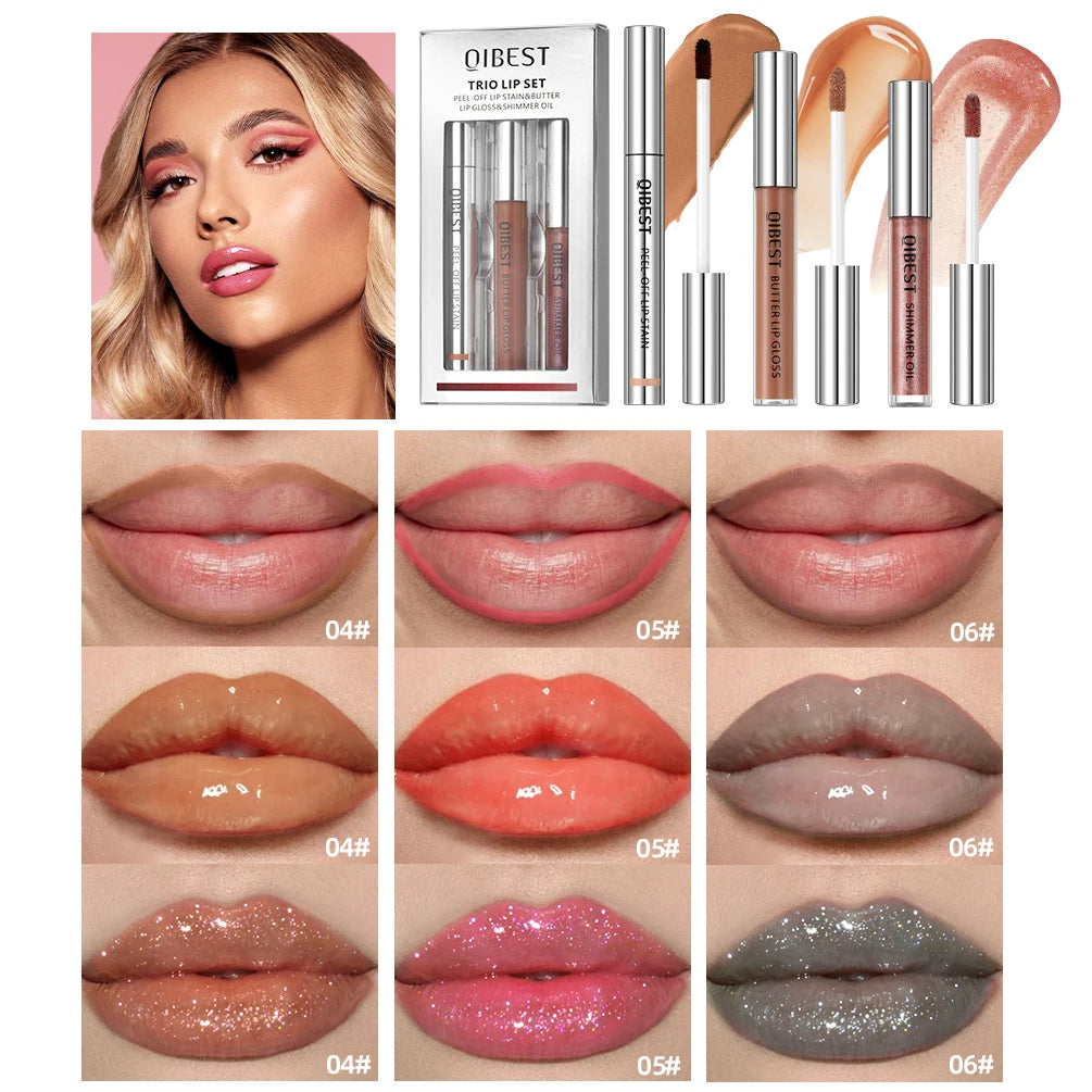 QIBEST Multifunctional Makeup Kits Include Tear Off Lip Stain,Mirror Lip Glaze,Shimmer Lip Oil Gloss Lasting Lip Cosmetics Sets Qme