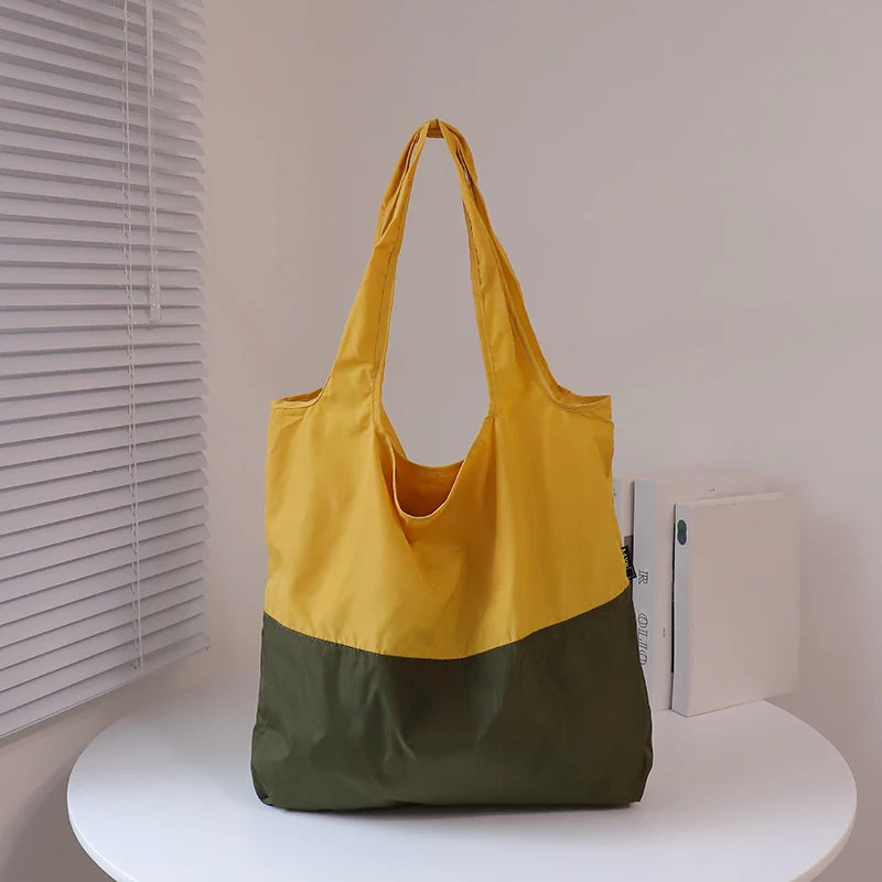 Color-block Patchwork Foldable Shopping Bag Eco-friendly Large Capacity Portable Waterproof Shoulder Bag Qme Yellow one size