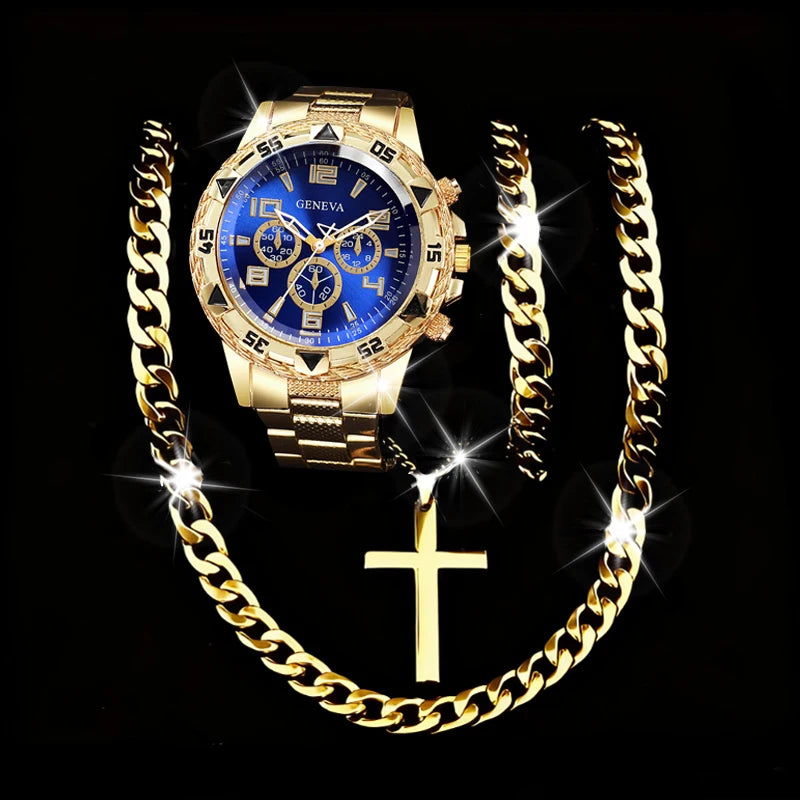 Men Geneva Gold Watch Cross Necklace 2Pcs Hip Hop Jewelry Set Qme Gold Blue Set