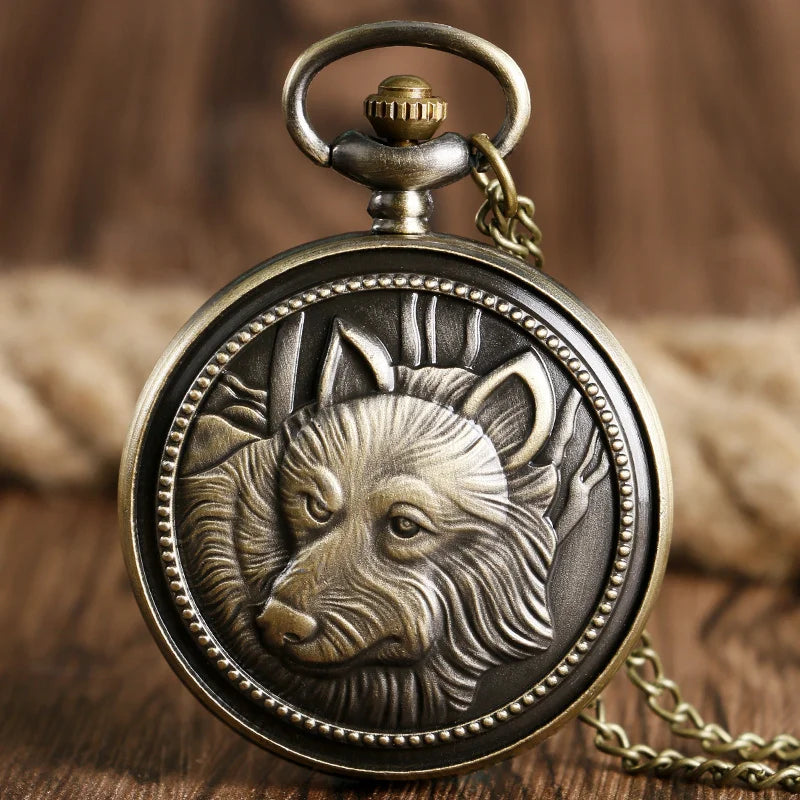 1pc Retro Bronze Wolf Necklace Pendant Quartz Pocket Watch Men's Gift Qme Bronze