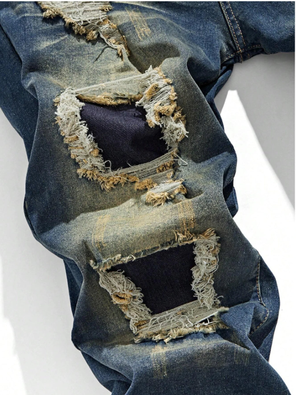 Plus-size Dark Street Style Ripped Jeans, Gradient Wash, Men's Extra Loose Trendy Pants Qme