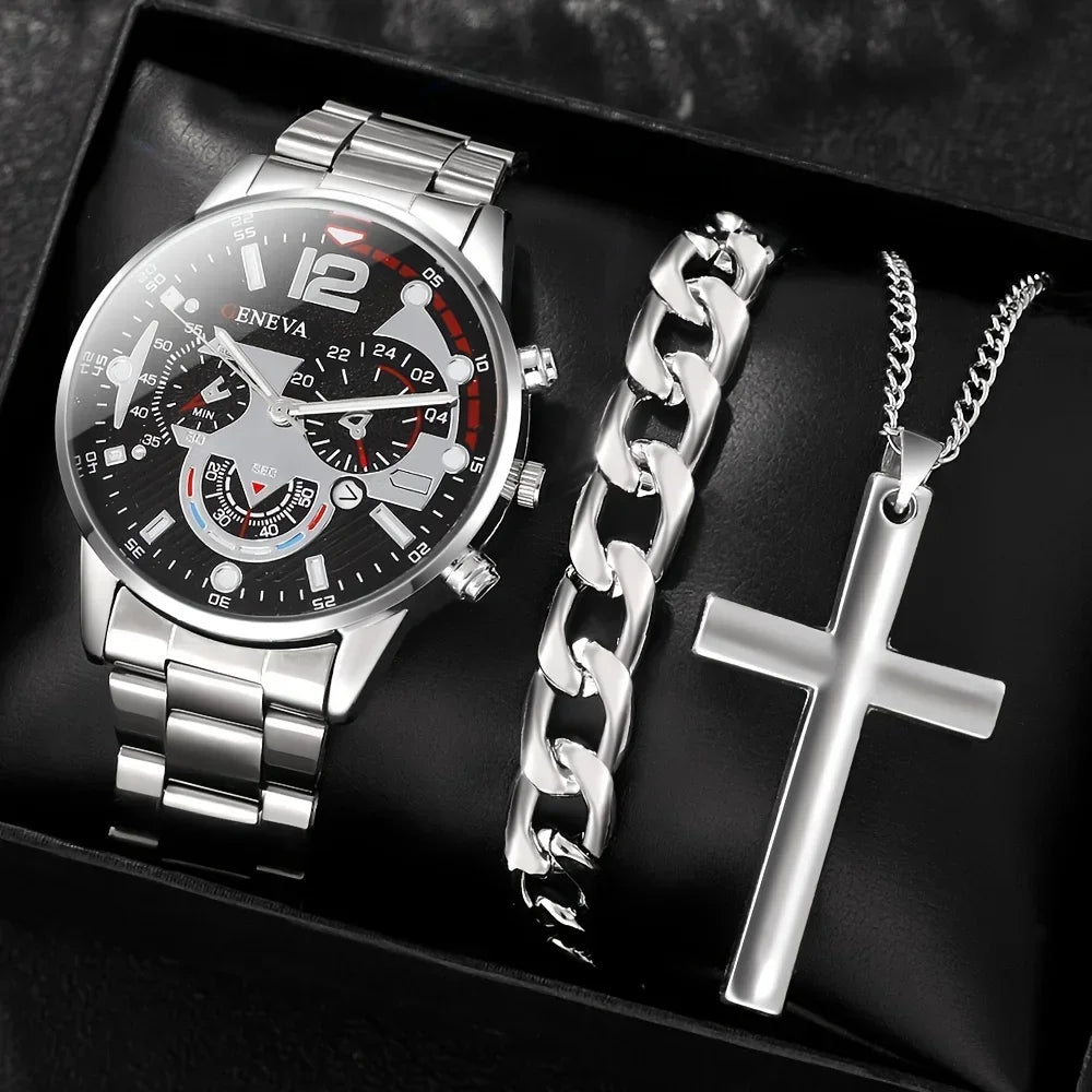 3PCS/Set Men's Quartz Watch with Calendar Feature, Fashionable Non-Waterproof Round Dial, Zinc Alloy Case & Strap Qme Silvery