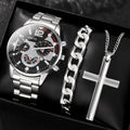 3PCS/Set Men's Quartz Watch with Calendar Feature, Fashionable Non-Waterproof Round Dial, Zinc Alloy Case & Strap Qme Silvery