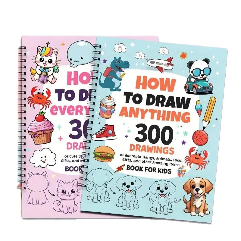 300 Cute Step-by-Step Simple Drawings How to Draw Anything for Painting Enthusiast Adorable Animals Food Gifts-Drawing Guide Boo Qme 2PCS Pink and Blue
