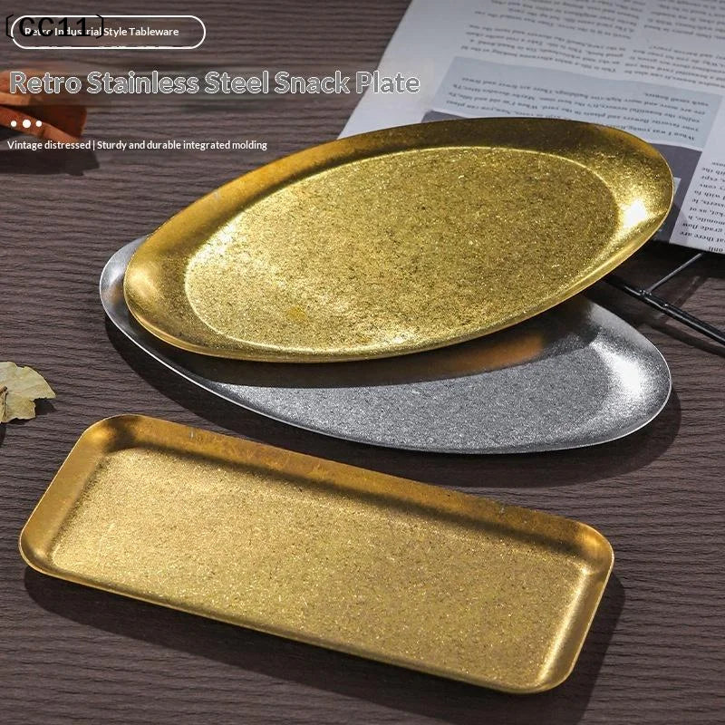 Retro Stainless Steel Trays Sushi Plates Snack Pastry Oval Shallow Qme