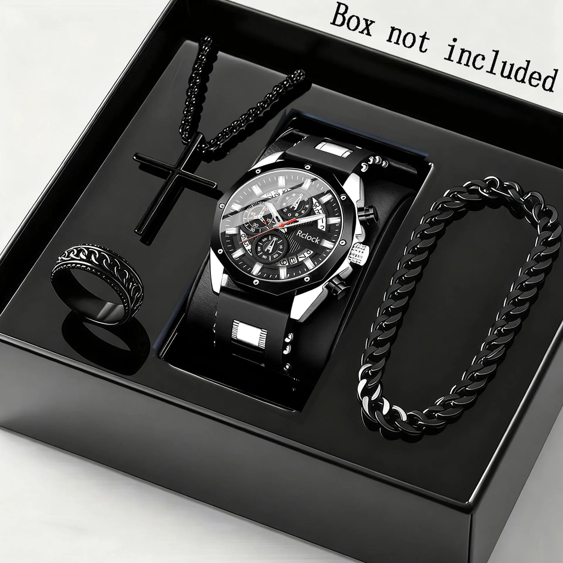 Four piece fashionable men's watch set, business casual men's bracelet, cross necklace, luxury watch Qme black
