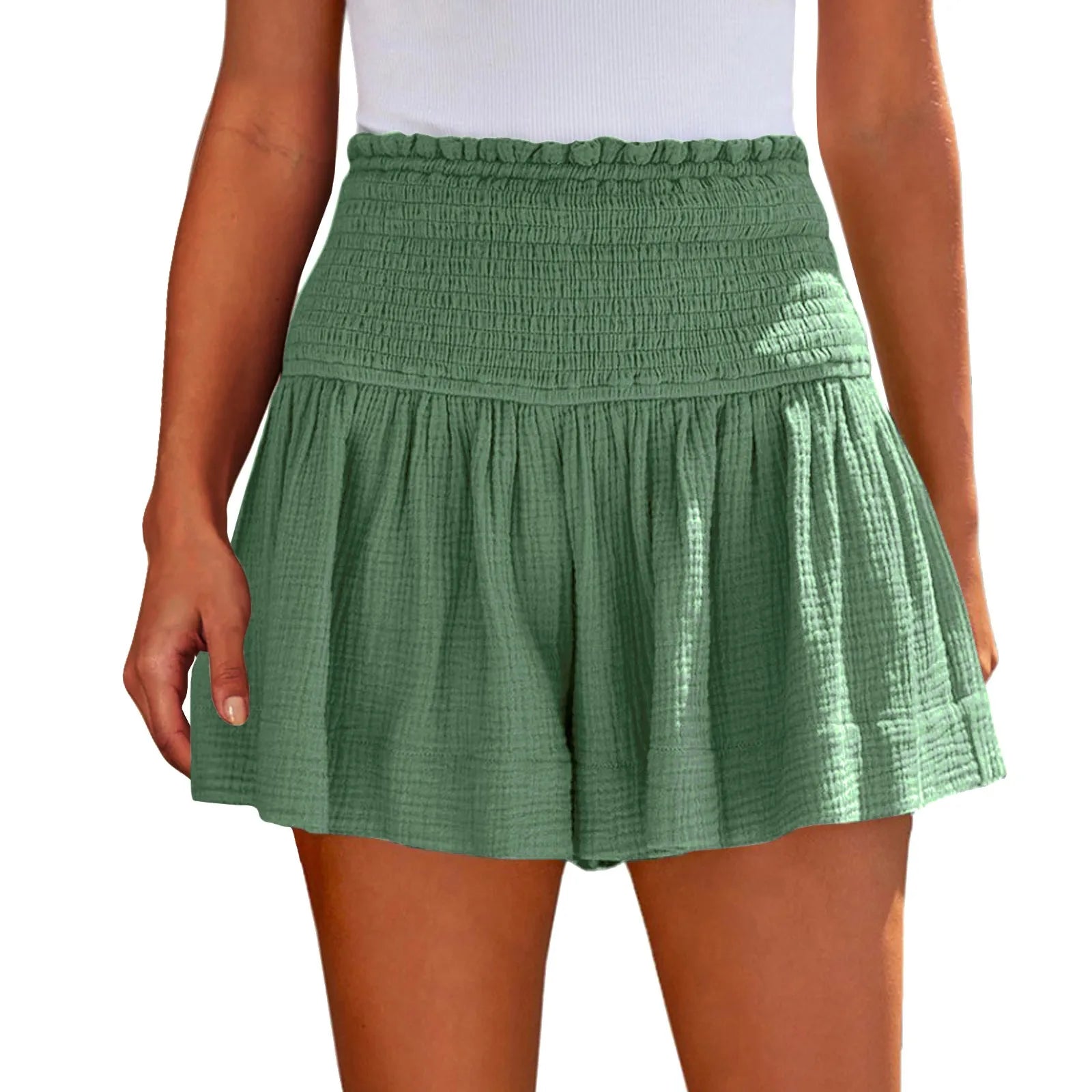 Ladies’ Large Sized High Waist Casual Soft Solid Color Breathable Fashion Wide Leg Shorts Summer Elastic Waist Pleated Trousers Qme Mint Green L