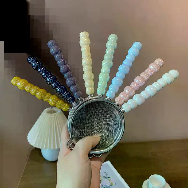 Tea Strainer With Pearl Ceramic Handle Stainless Steel Fine Leak Mesh Sieve Spice Tea Leaf Coffee Filters Teapot Accessories Qme
