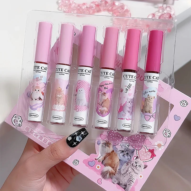 6Pcs/set Cute Cat Mirror Water Lip Gloss Set Red Tint for Lips Makeup Long Lasting Glass Lip Glaze Waterproof Lipstick Kit Qme