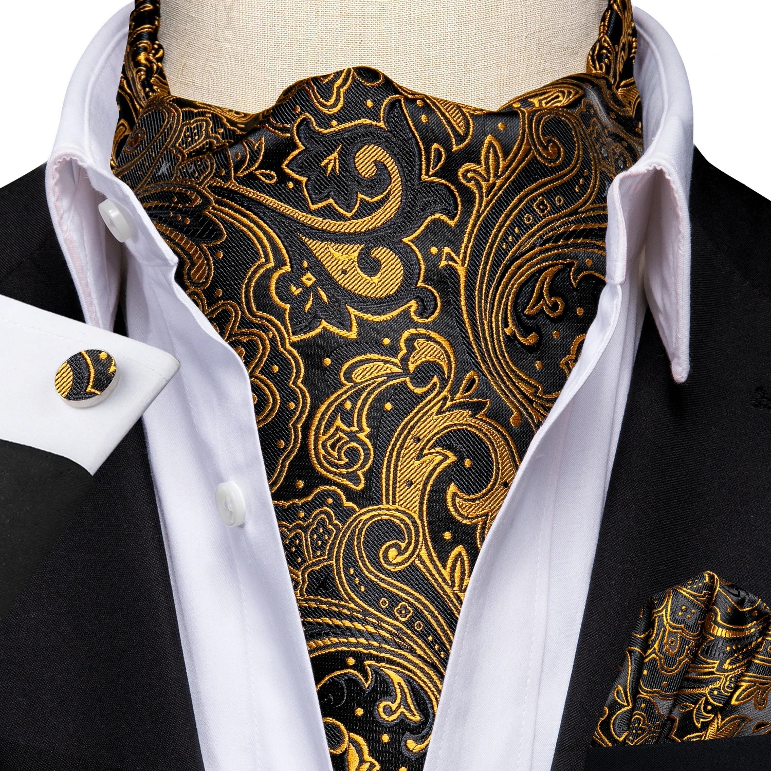 Silk Mens Ascot Black Pink Blue Red Gold Green Purple White Beige Cravat Tie Hanky Cufflinks for Male Wedding Business Prom Gift Qme AS-1101