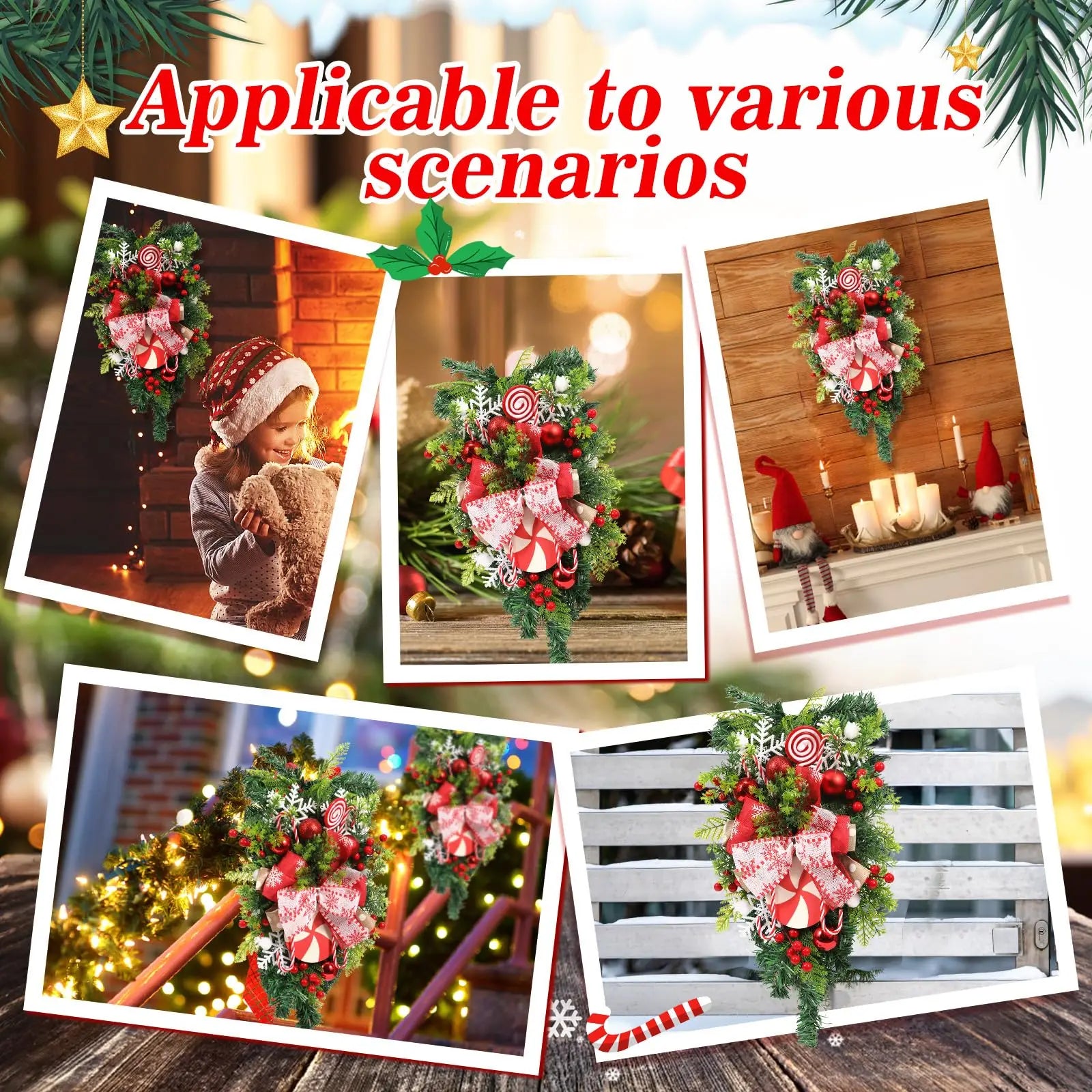 Christmas Candy Cane Wreath for Front Door Red White Xmas Teardrop Swag Decorations Christmas Garland with Ball Bow Ornaments Qme