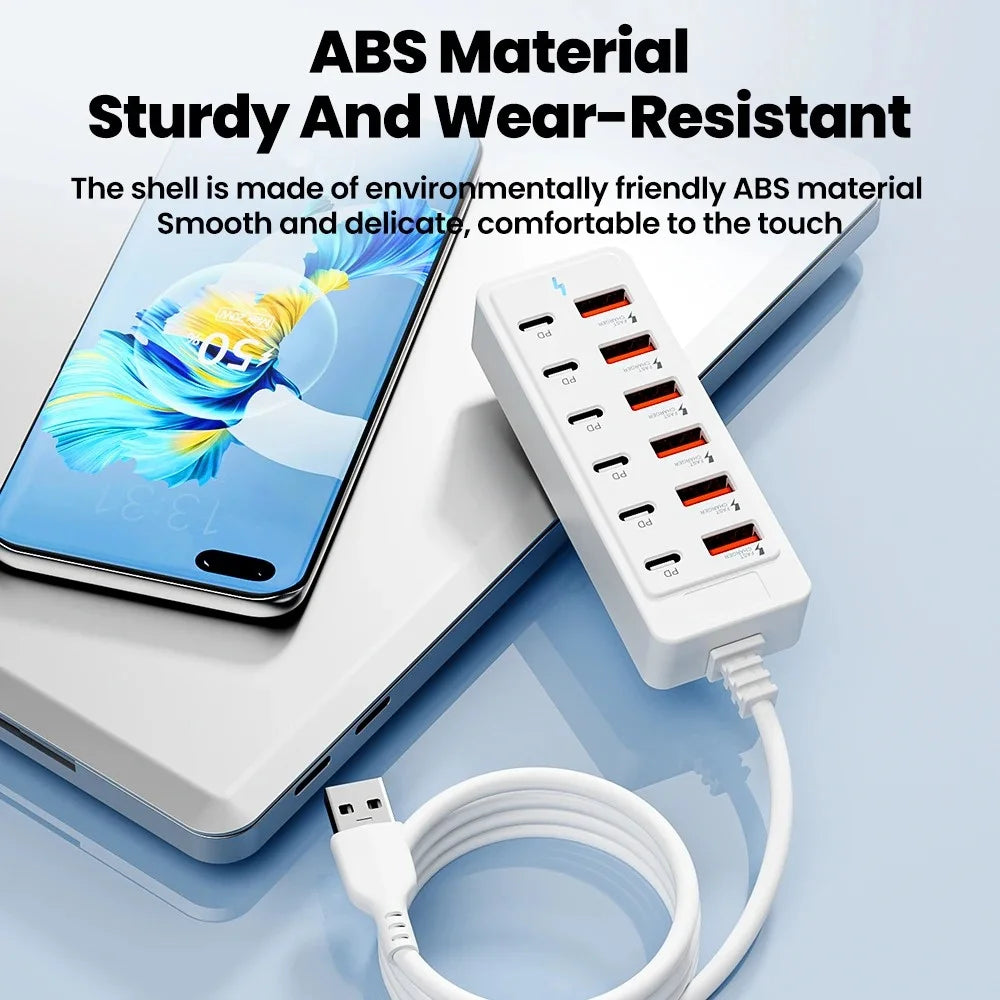12-in-1 USB Splitter Socket 6USB+6PD Fast Charging Power Strip Desktop Charging Docking Station With 1m USB Cord for Home Office Qme