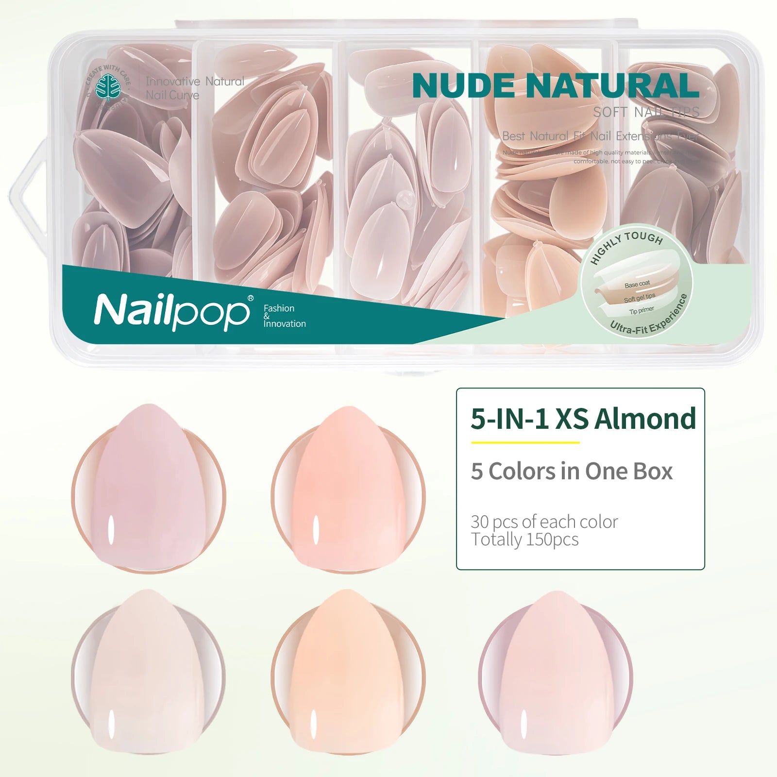 Nailpop 140 1 Nude Pink Nail Tips Per Square Almond Coffin Oval Soft Qme XS Almond 5 Color