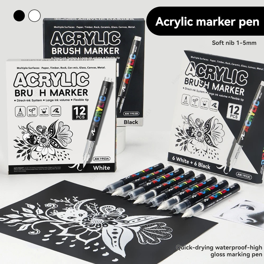 12Pcs Black/White Premium Highlight Acrylic Marker Pen, Quickly Dry, Waterproof, for Art Drawing DIY Crafts Making Art Supplies Qme